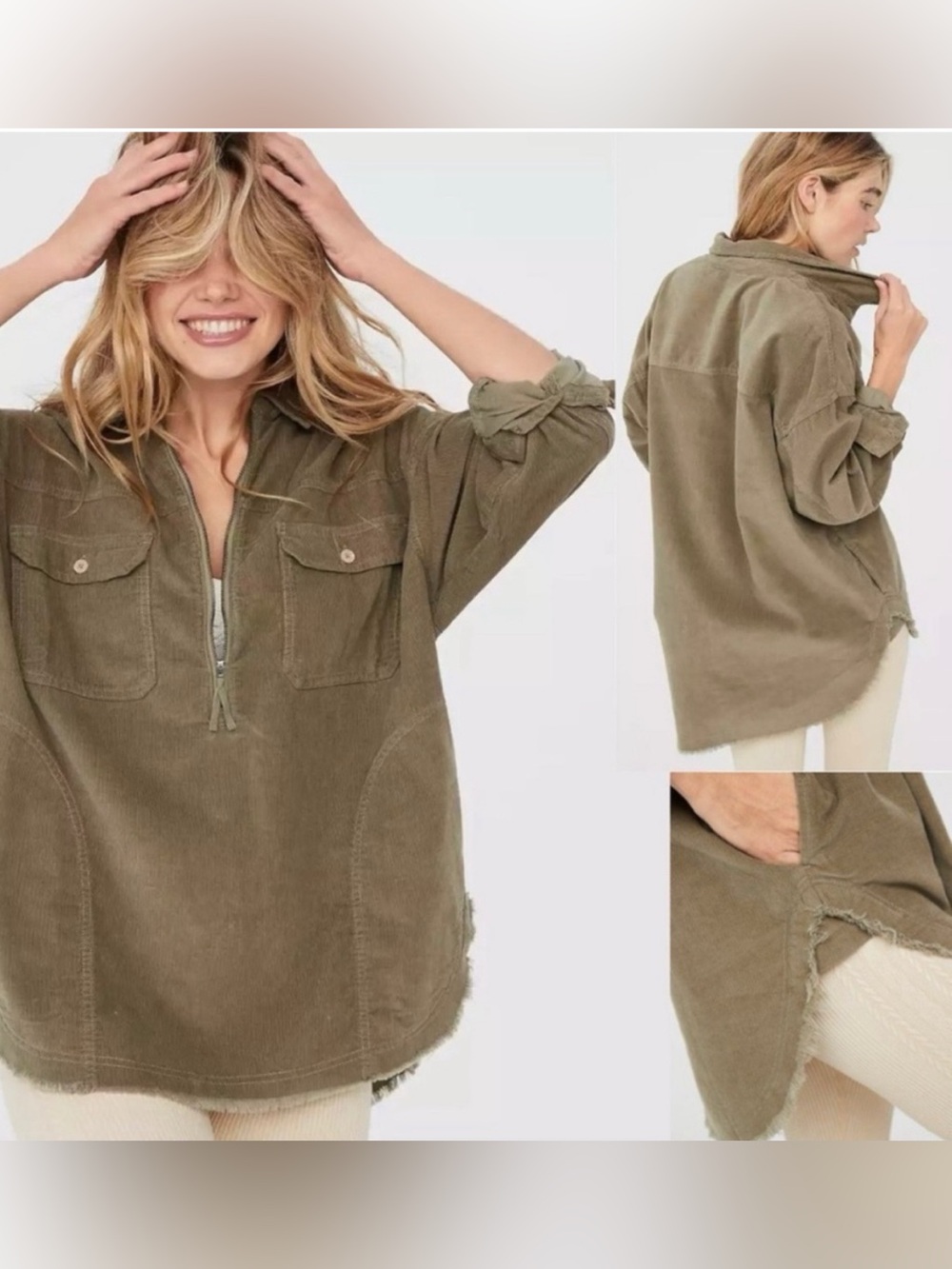 Aerie Offline Oversized Quarter Zip Pullover Shacket Corduroy Cotton Olive Sz. S